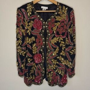 Vtg 80s Beaded Silk Evening Jacket Size Medium Floral